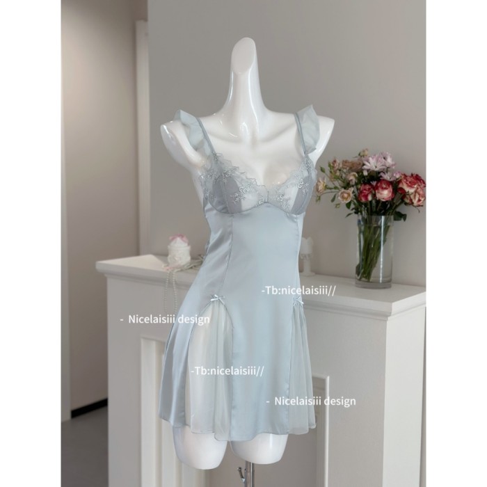 Váy Ngủ Lụa 2 Dây Phối Ren Cánh Tiên Có Mút Đệm Sooya, Phong Cách Sexy, Chất Liệu Mềm Mại, Tôn Dáng