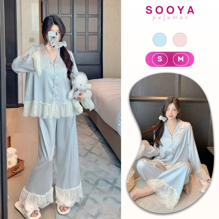 Bộ Pyjama Lụa Xước Phối Viền Ren Tay 2 Lớp Mặc Nhà Cao Cấp Sooya - Sang Trọng, Mềm Mại