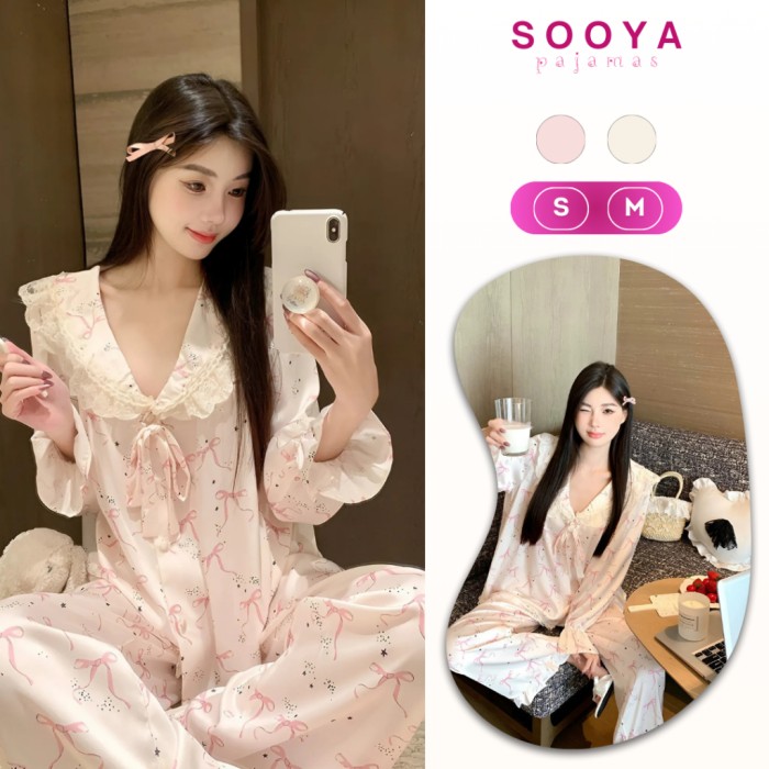 Bộ Pyjama Lụa Cổ Tròn Hoạ Tiết Nơ Tiểu Thư Sang Chảnh Sooya - Mềm Mại, Cao Cấp