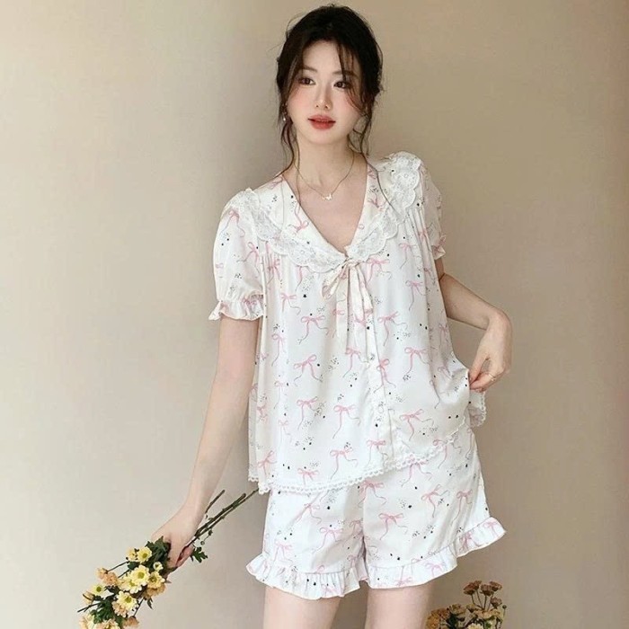 Bộ Pyjama Lụa Cổ Tròn Hoạ Tiết Nơ Tiểu Thư Sang Chảnh Sooya - Mềm Mại, Cao Cấp