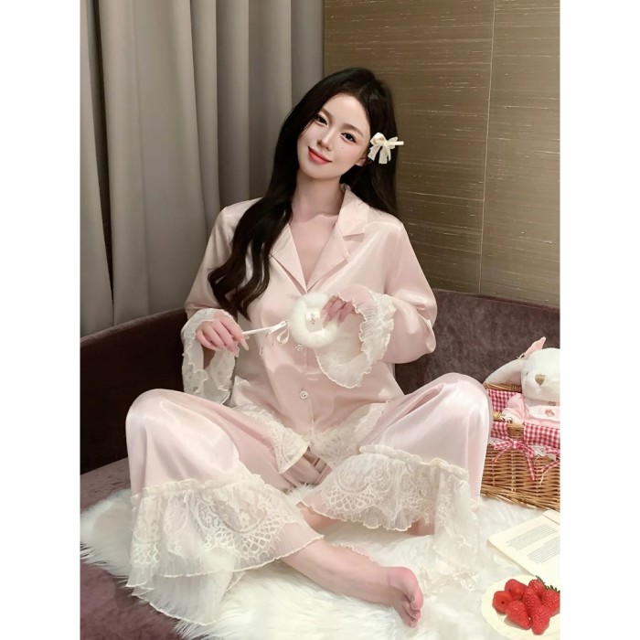 Bộ Pyjama Lụa Xước Phối Viền Ren Tay 2 Lớp Mặc Nhà Cao Cấp Sooya - Sang Trọng, Mềm Mại