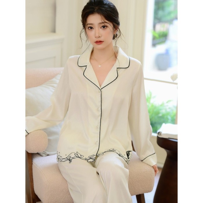 Bộ Pyjama Dài Tay Lụa Satin, Cao Cấp, Kiểu Pháp, Sang Trọng