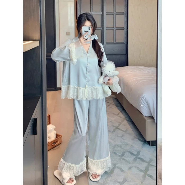 Bộ Pyjama Lụa Xước Phối Viền Ren Tay 2 Lớp Mặc Nhà Cao Cấp Sooya - Sang Trọng, Mềm Mại