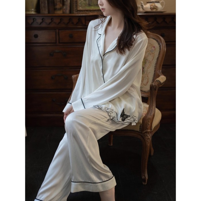 Bộ Pyjama Dài Tay Lụa Satin, Cao Cấp, Kiểu Pháp, Sang Trọng