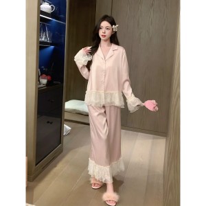 Bộ Pyjama Lụa Xước Phối Viền Ren Tay 2 Lớp Mặc Nhà Cao Cấp Sooya - Sang Trọng, Mềm Mại