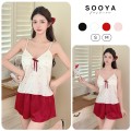 Bộ Ngủ Lụa 2 Dây Sooya Họa Tiết Chấm Bi Đính Nơ Trước Ngực Xinh Xắn Điệu Đà Kèm Mút Ngực