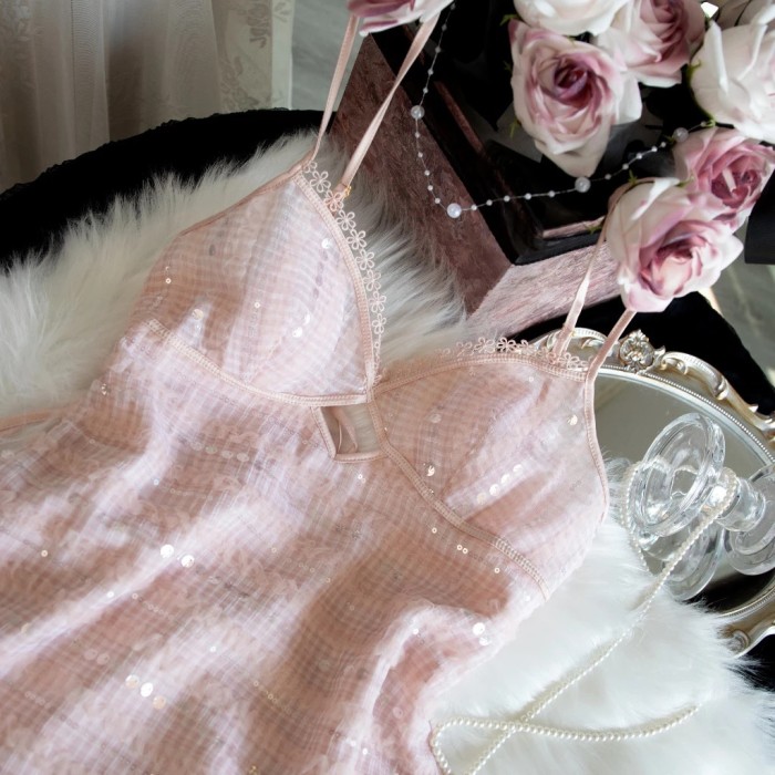 Sooya váy ngủ 2 dây đính kim tuyến lấp lánh dáng ngắn