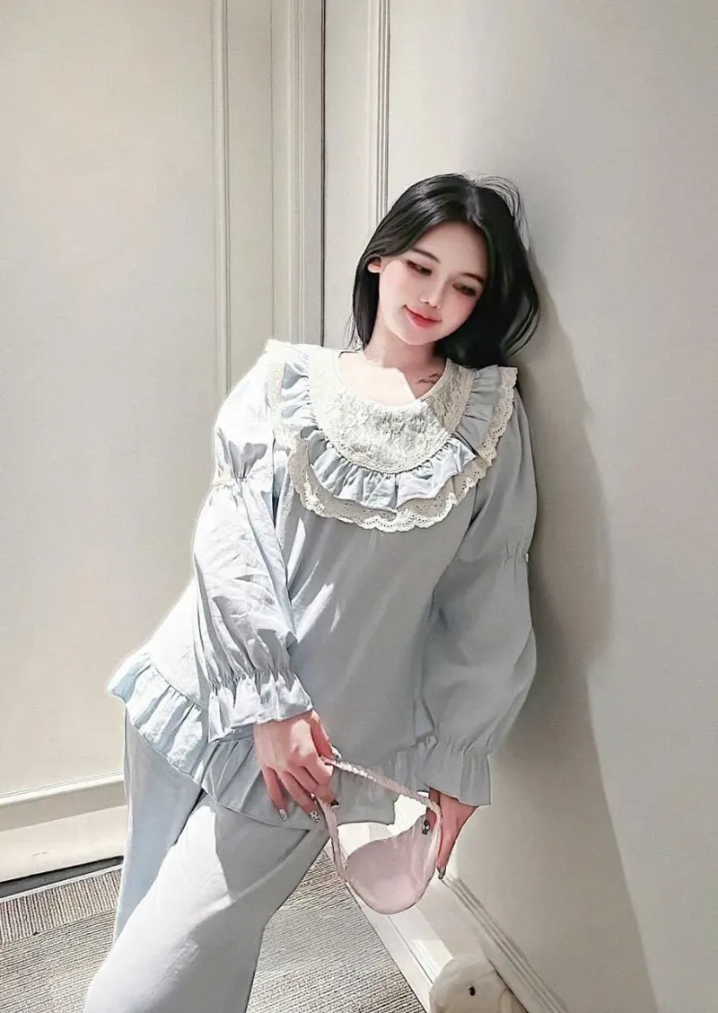 Bộ pijama cổ bèo ren tay bồng