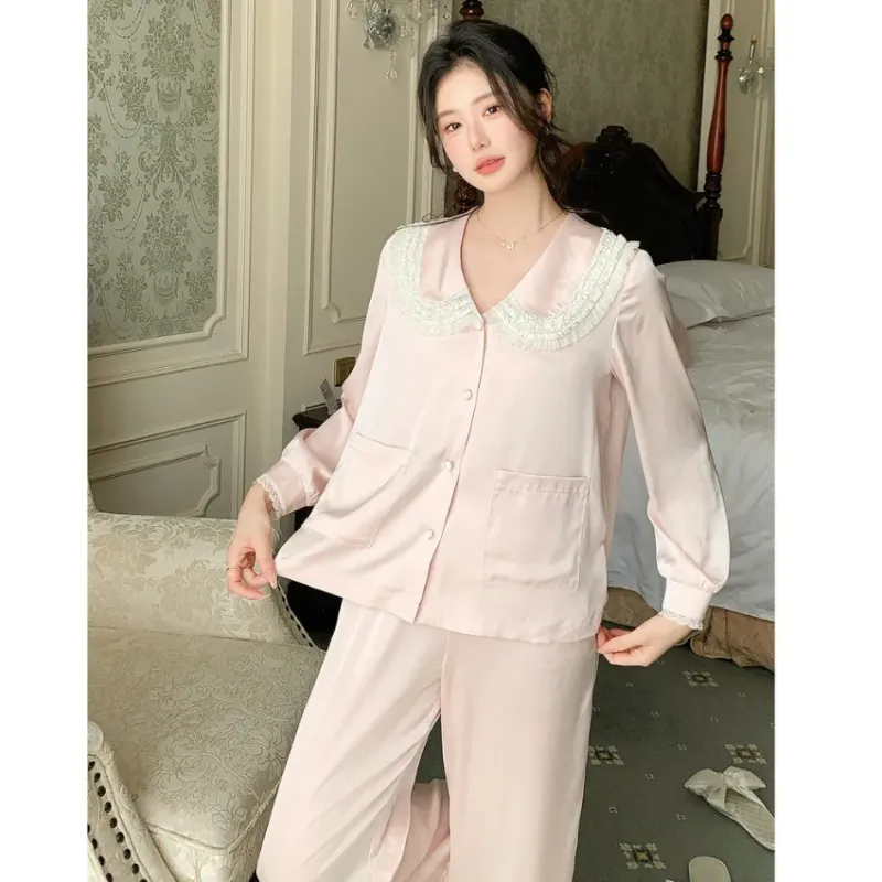 Bộ pijama lụa cổ sen ren có túi – ảnh 3
