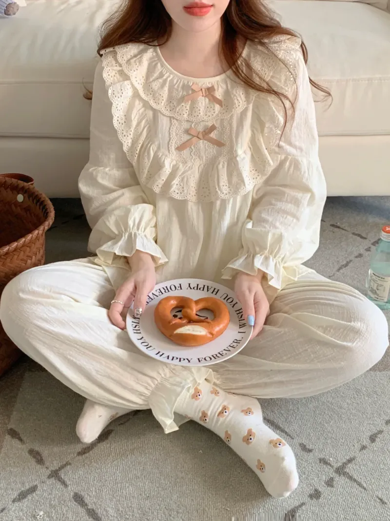Bộ pijama cotton cổ bèo thắt nơ tay bồng – ảnh 3