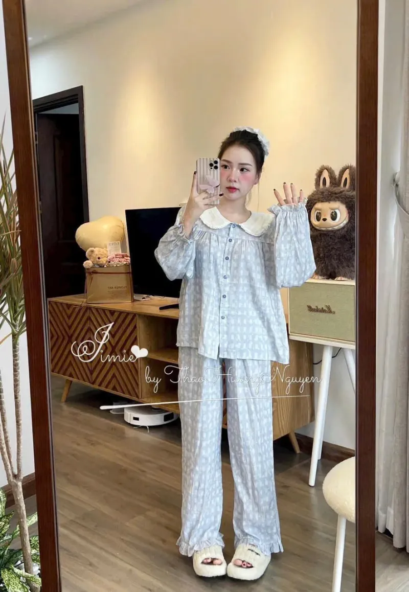 Bộ pijama cotton caro cổ sen bèo