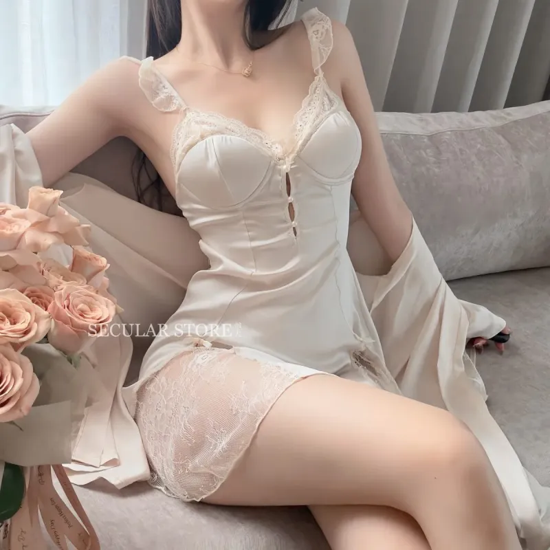 Set váy ngủ lụa ren vai bèo kèm áo choàng – ảnh 8