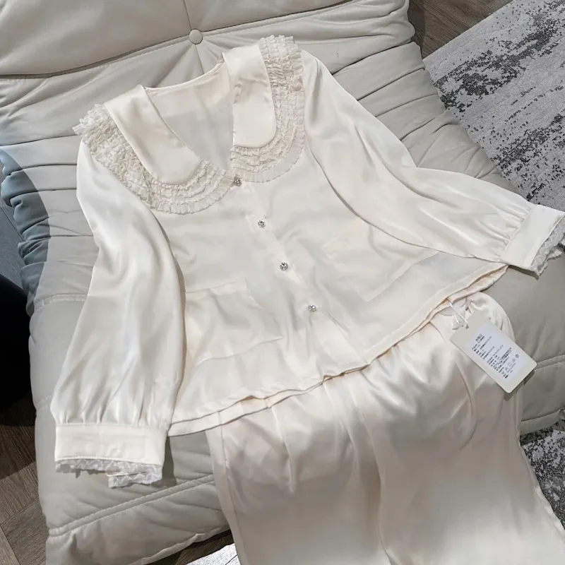 Bộ pijama lụa cổ sen ren có túi – ảnh 11