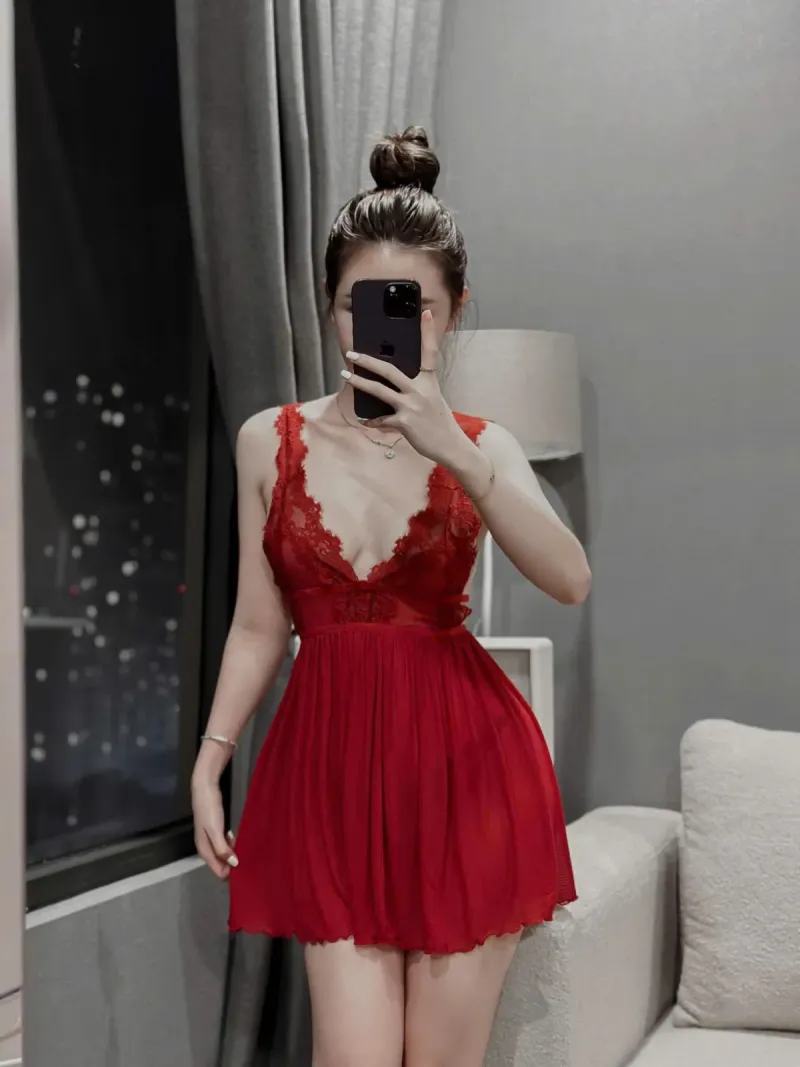 Váy ngủ voan ren cổ V hở lưng đan dây – ảnh 13