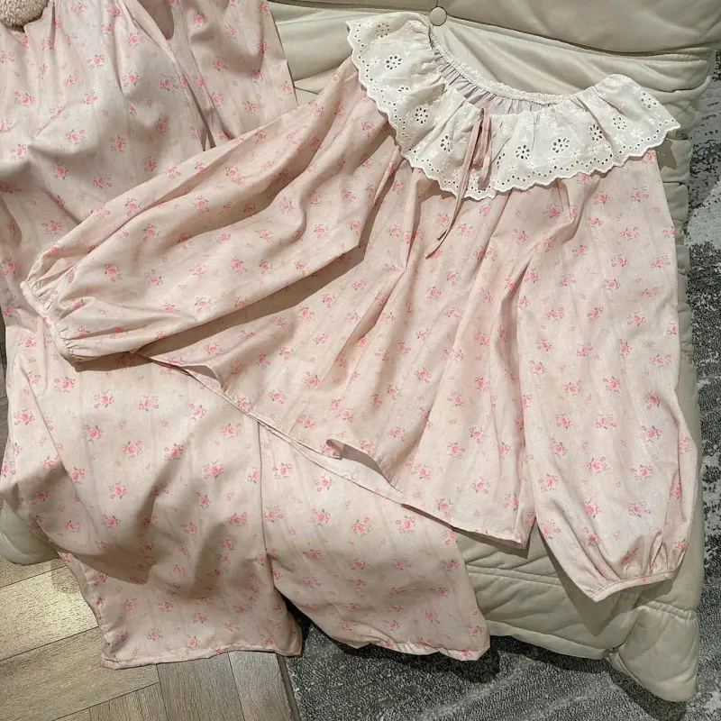 Bộ pijama xô hoa hồng cổ ren – ảnh 2