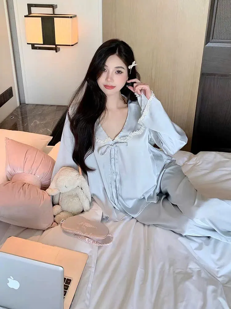 Bộ pijama lụa cổ thủy thủ thắt nơ – ảnh 4
