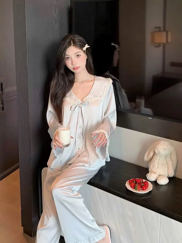 Bộ pijama lụa cổ thủy thủ thắt nơ – ảnh 6
