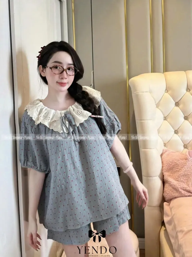 Bộ pijama cổ bèo ren tay bồng – ảnh 4