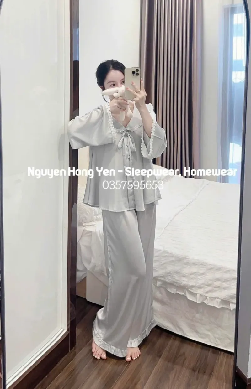 Bộ pijama lụa cổ thủy thủ thắt nơ – ảnh 9