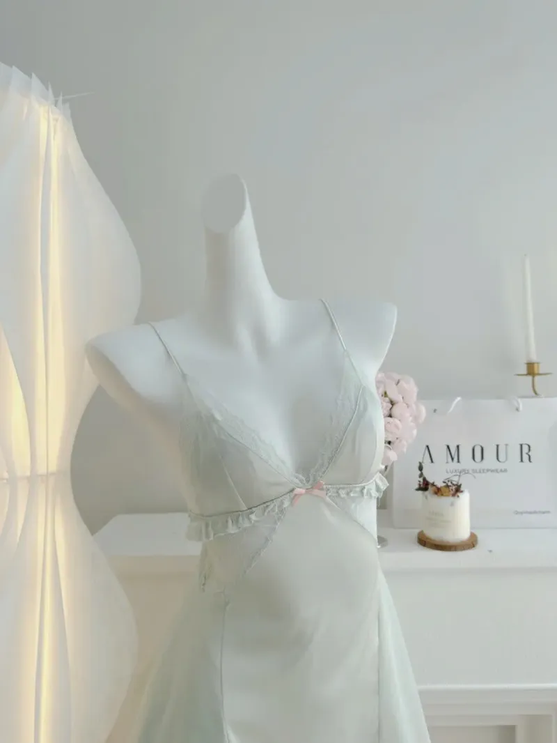 Set váy ngủ lụa cúp ngực ren nơ kèm áo choàng mỏng – ảnh 5