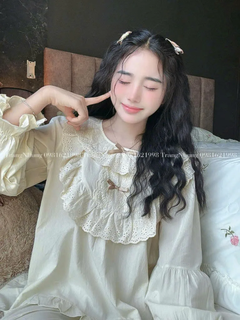 Bộ pijama cotton cổ bèo thắt nơ tay bồng – ảnh 13