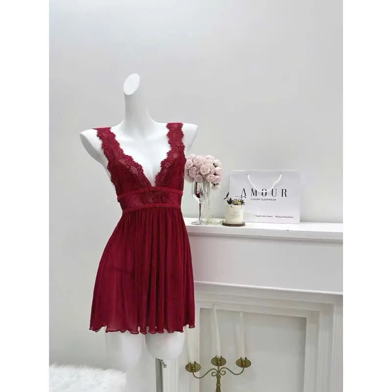 Váy ngủ voan ren cổ V hở lưng đan dây