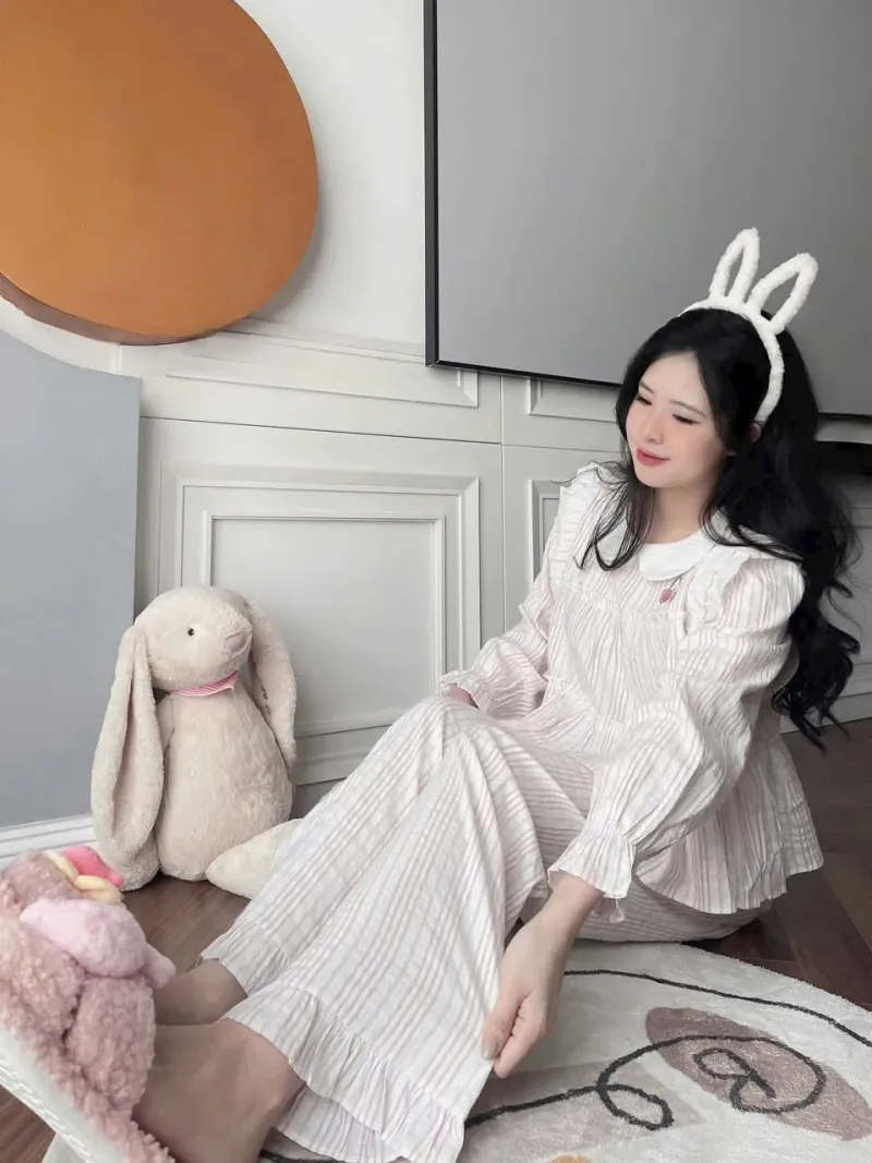 Bộ pijama xô kẻ sọc cổ sen dáng babydoll – ảnh 5