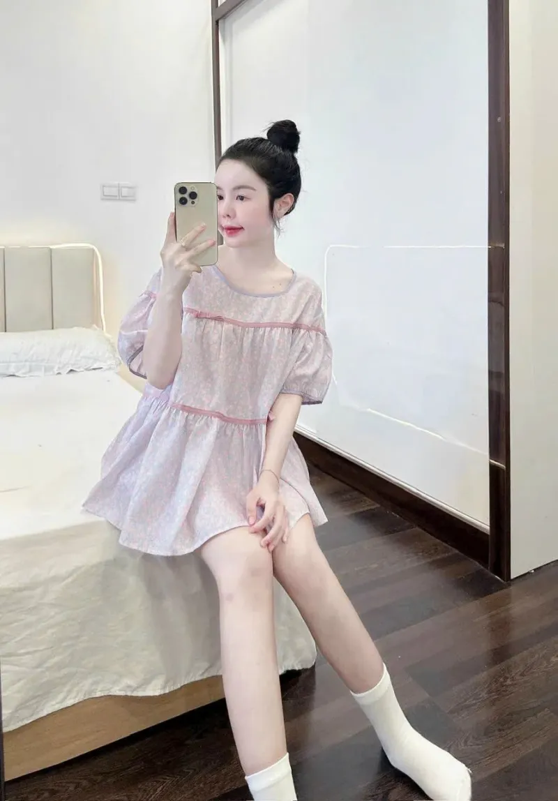 Bộ đồ ngủ babydoll cộc tay quần đùi hoa nhí – ảnh 2