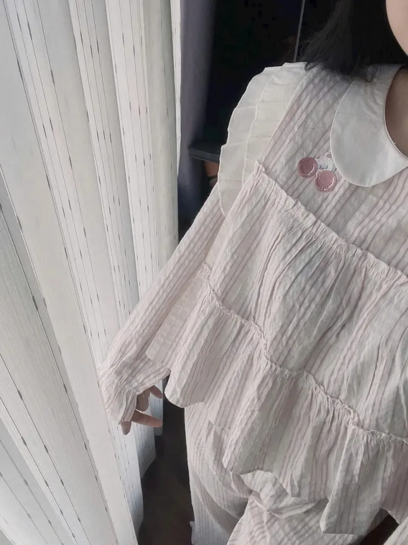 Bộ pijama xô kẻ sọc cổ sen dáng babydoll – ảnh 6
