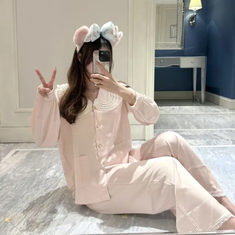 Bộ pijama lụa cổ sen ren có túi – ảnh 8