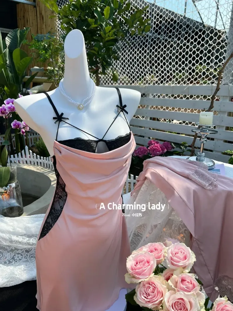 Set váy ngủ lụa cổ đổ phối ren kèm áo choàng – ảnh 4