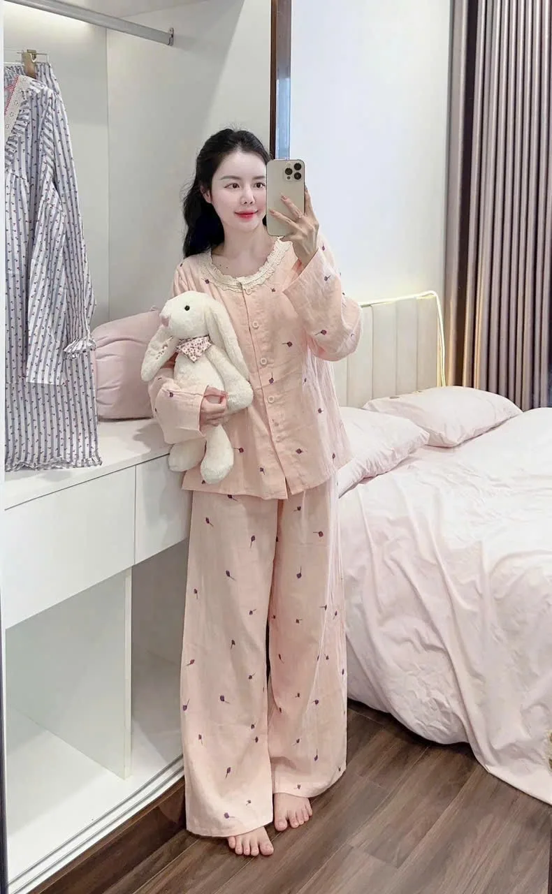 Bộ pijama xô họa tiết trái tim cổ sen – ảnh 3