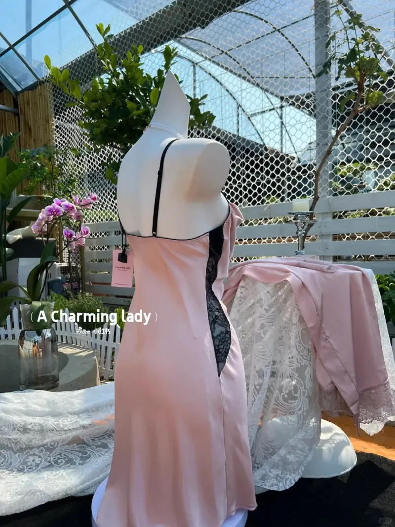 Set váy ngủ lụa cổ đổ phối ren kèm áo choàng – ảnh 5