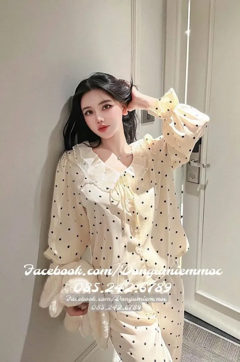 Bộ pijama cổ sen chấm bi dài tay – ảnh 7