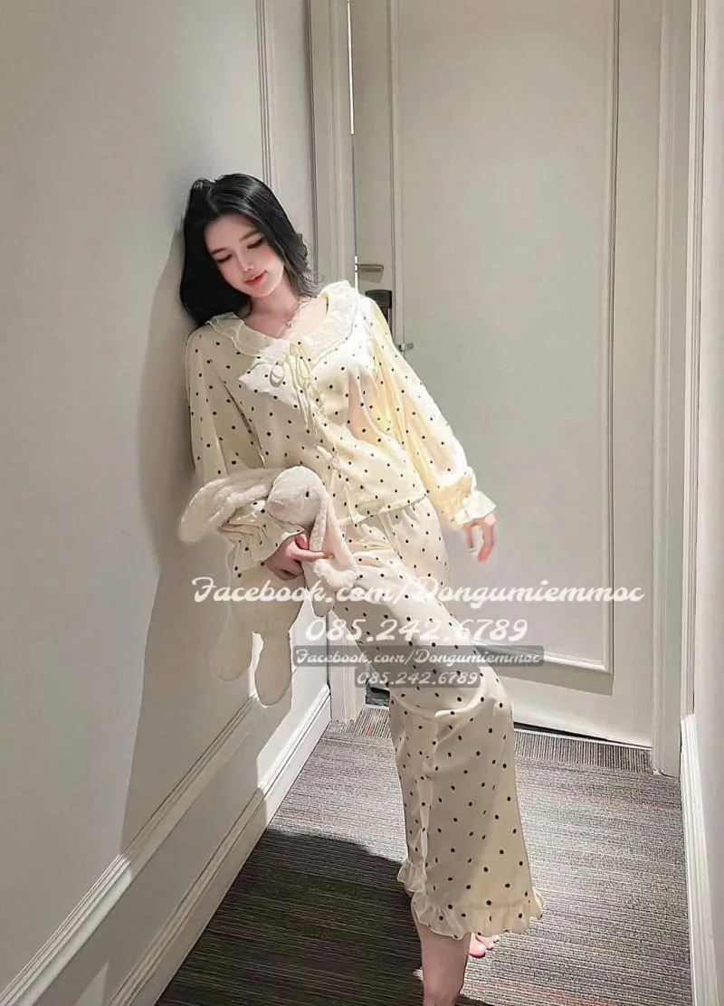 Bộ pijama cổ sen chấm bi dài tay – ảnh 6
