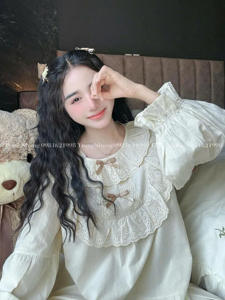 Bộ pijama cotton cổ bèo thắt nơ tay bồng – ảnh 7