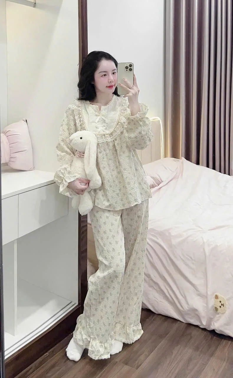 Bộ pijama xô hoa nhí cổ bèo ren – ảnh 3
