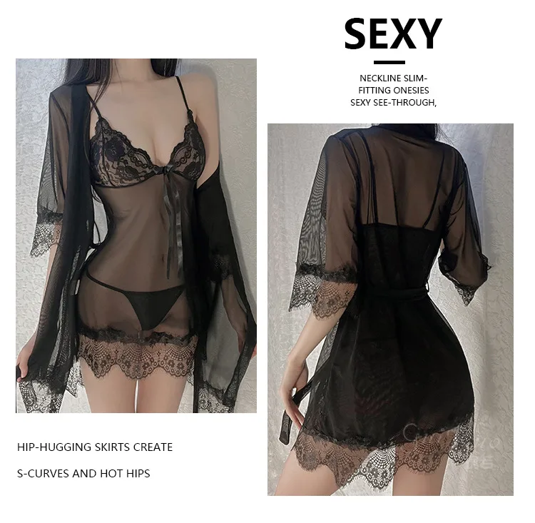 Set váy ngủ voan ren xuyên thấu kèm áo choàng – ảnh 4