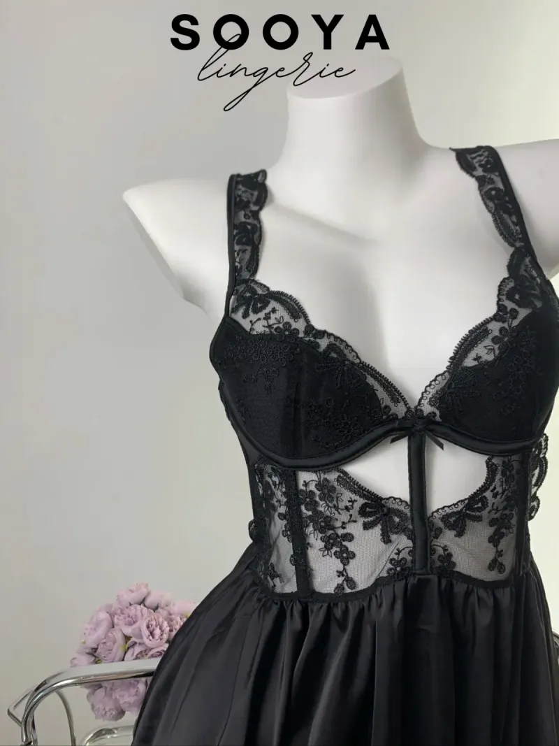 Váy ngủ lụa corset phối ren hở lưng đan chéo