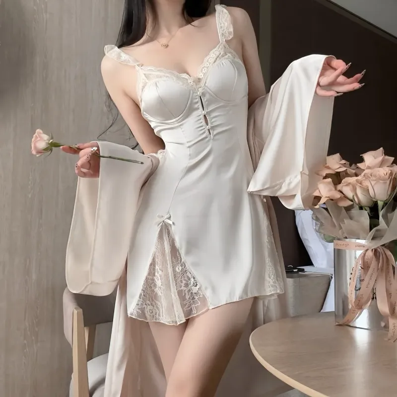 Set váy ngủ lụa ren vai bèo kèm áo choàng – ảnh 2