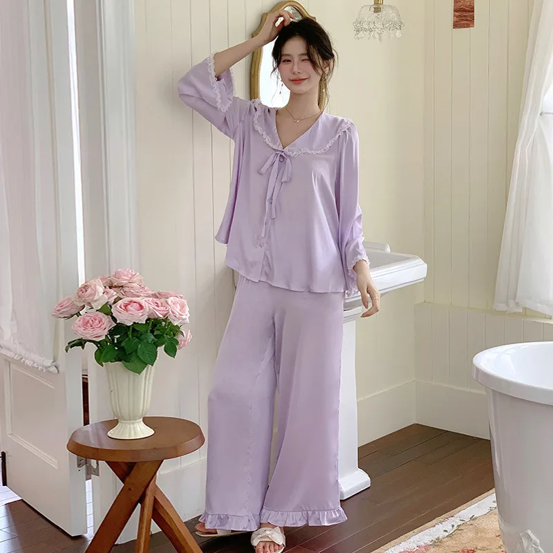 Bộ pijama lụa cổ thủy thủ thắt nơ