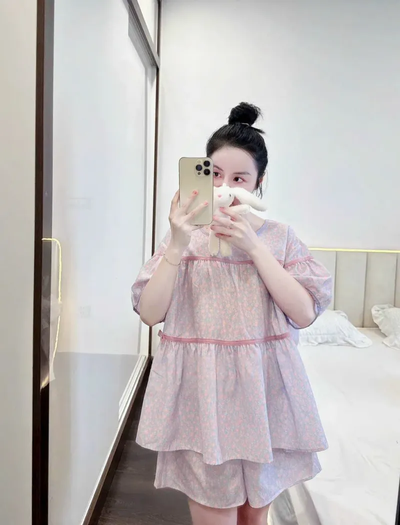 Bộ đồ ngủ babydoll cộc tay quần đùi hoa nhí