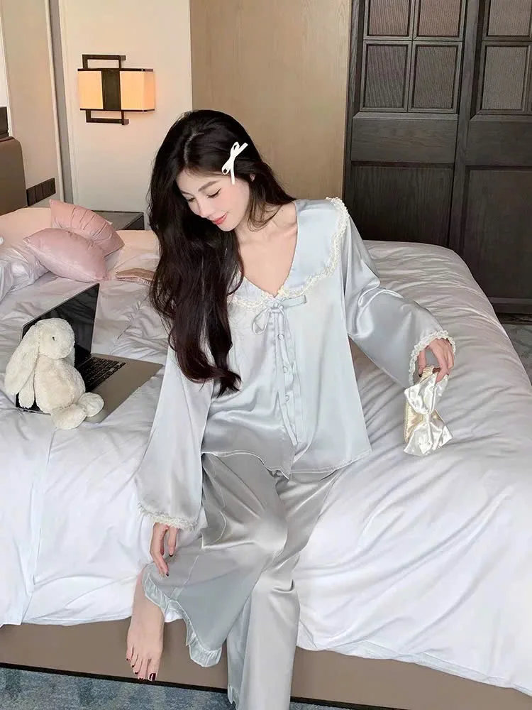 Bộ pijama lụa cổ thủy thủ thắt nơ – ảnh 7