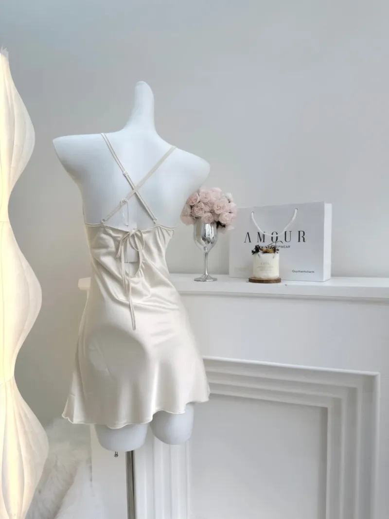 Set váy ngủ lụa cổ đổ phối ren kèm áo choàng – ảnh 14