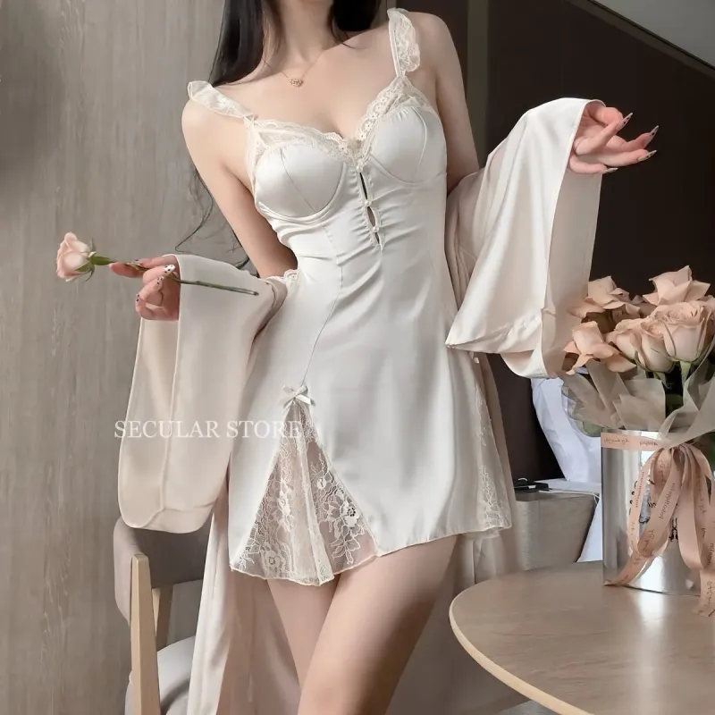 Set váy ngủ lụa ren vai bèo kèm áo choàng – ảnh 6