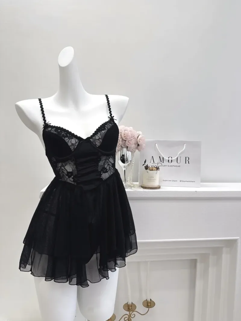 Set váy ngủ voan ren kèm áo choàng tay bồng
