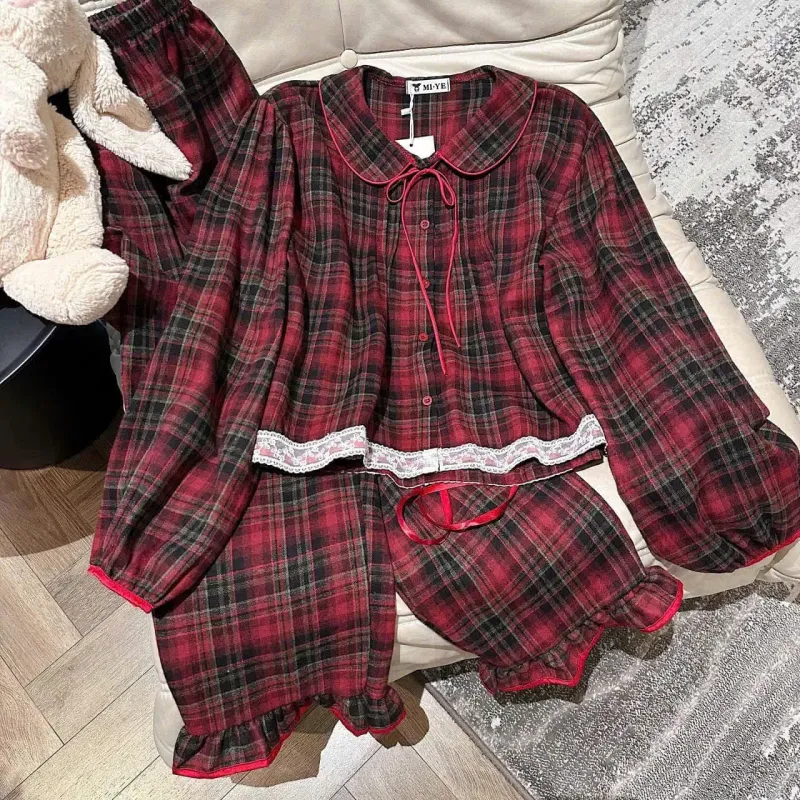 Bộ pijama dạ caro cổ sen thắt nơ viền ren – ảnh 9