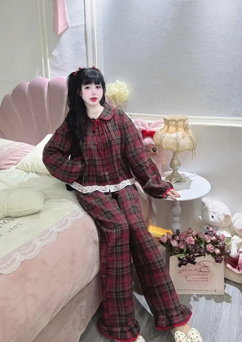 Bộ pijama dạ caro cổ sen thắt nơ viền ren – ảnh 10