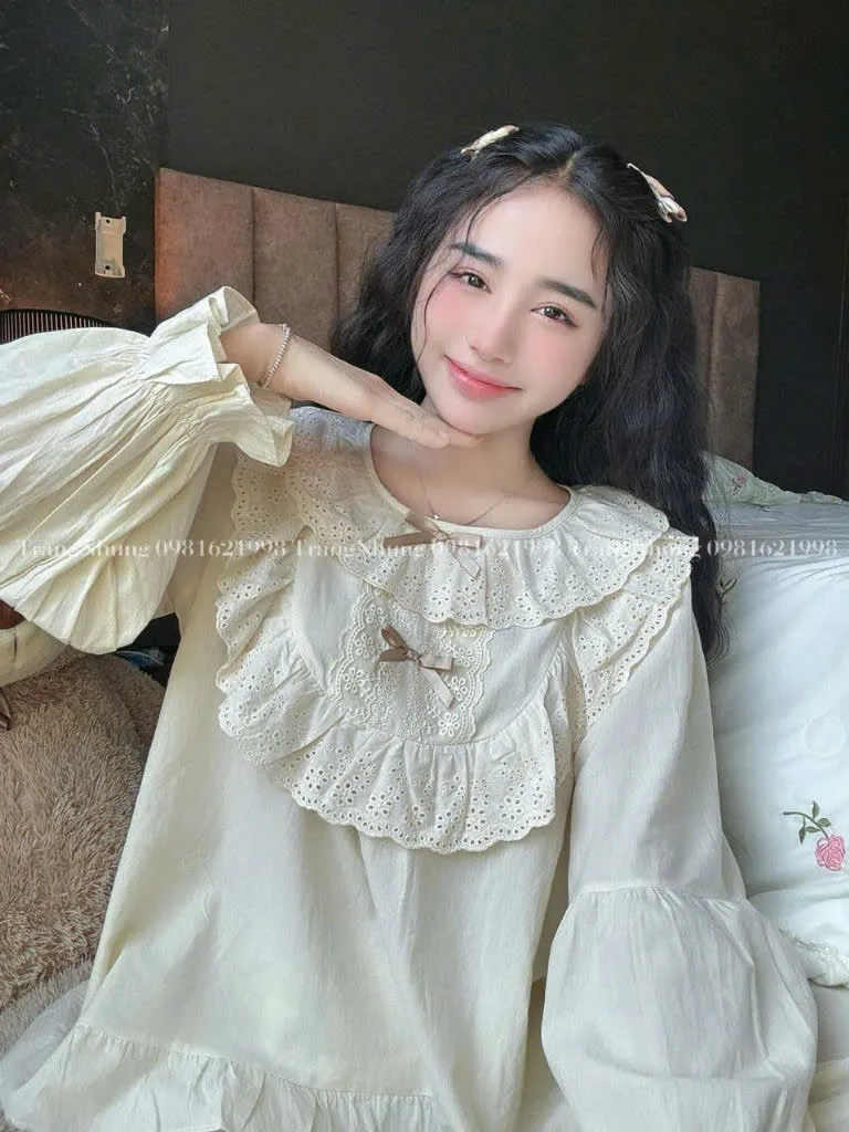 Bộ pijama cotton cổ bèo thắt nơ tay bồng – ảnh 14