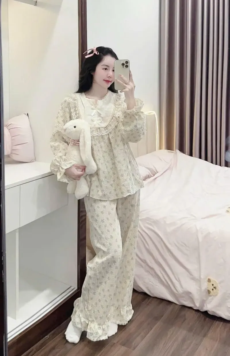 Bộ pijama xô hoa nhí cổ bèo ren – ảnh 2